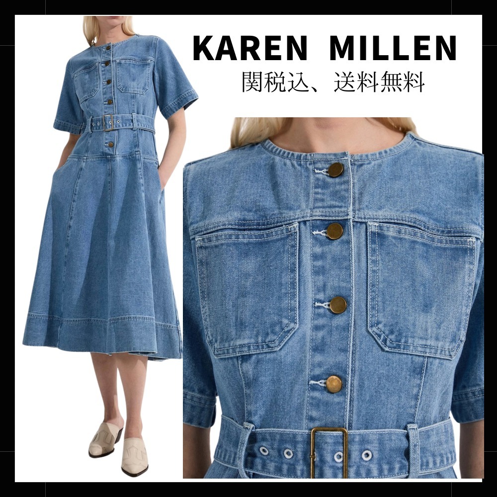 【KAREN MILLEN】デニム ベルト付 半袖 フレアドレス ワンピース