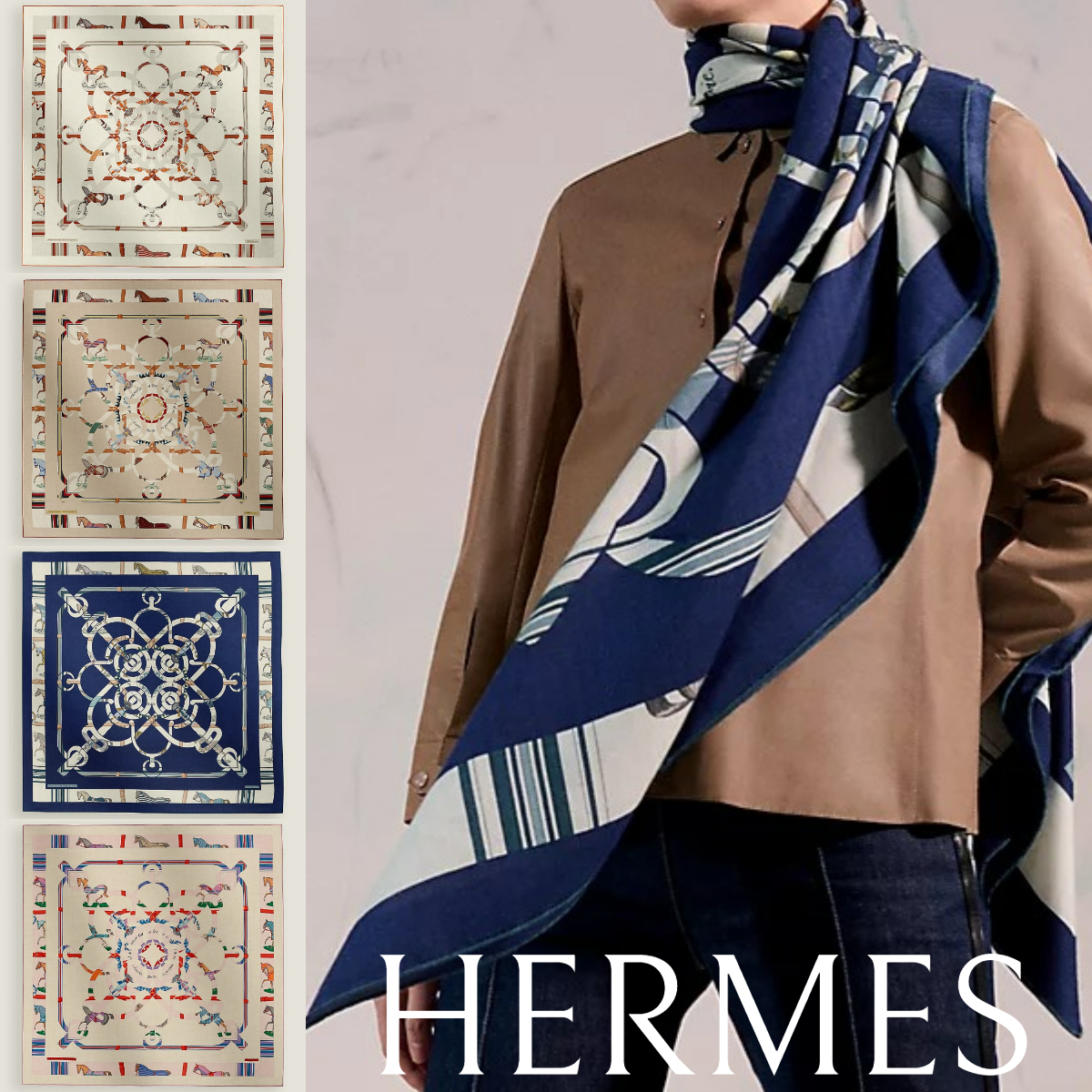 新作*HERMES*カシミヤシルクショール140 ゴールデンスパー 馬