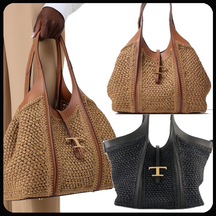 関送込 TOD'S Tタイムレス ラフィア レザー ショッピングバッグ