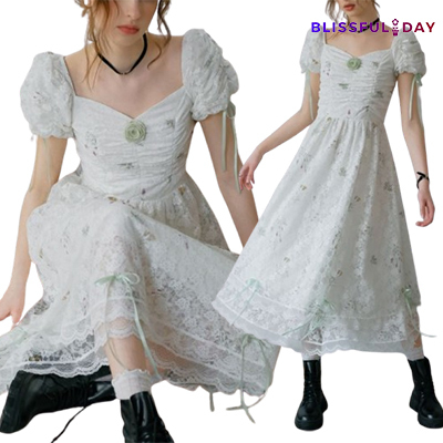 ワンピース [Cest Moidew] Floral lace pleated puff sleeve dress