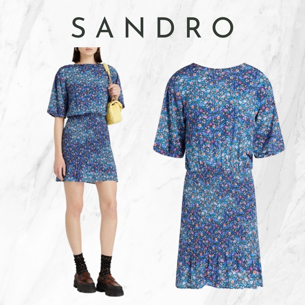 【sandro】関税・送料込★ブルー ワンピース カットアウト 花柄