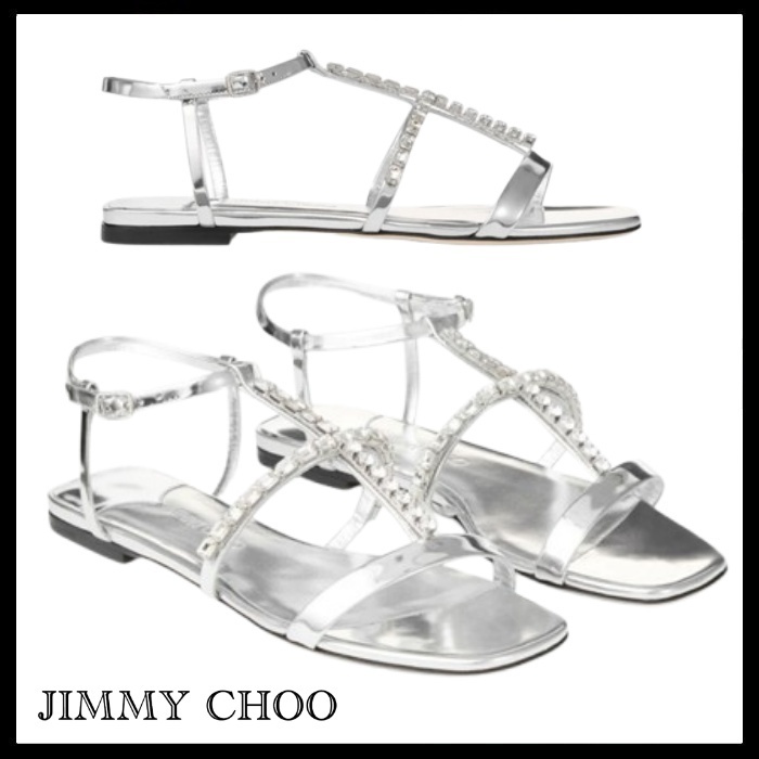 JIMMY CHOO Gwyn Flat クリスタル付きレザーサンダル