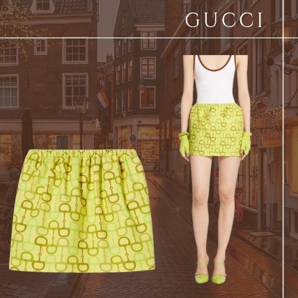 【GUCCI】プリント コットン ミニスカート ライムグリーン