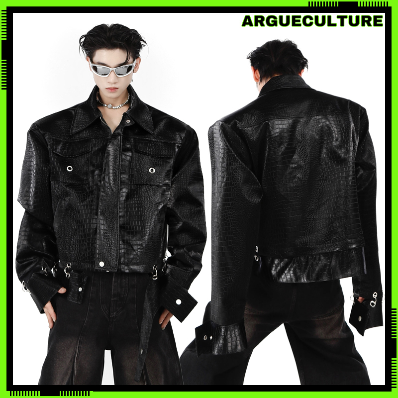 Argue Culture レザージャケット 肩パッド PU クロコ柄 デザイン