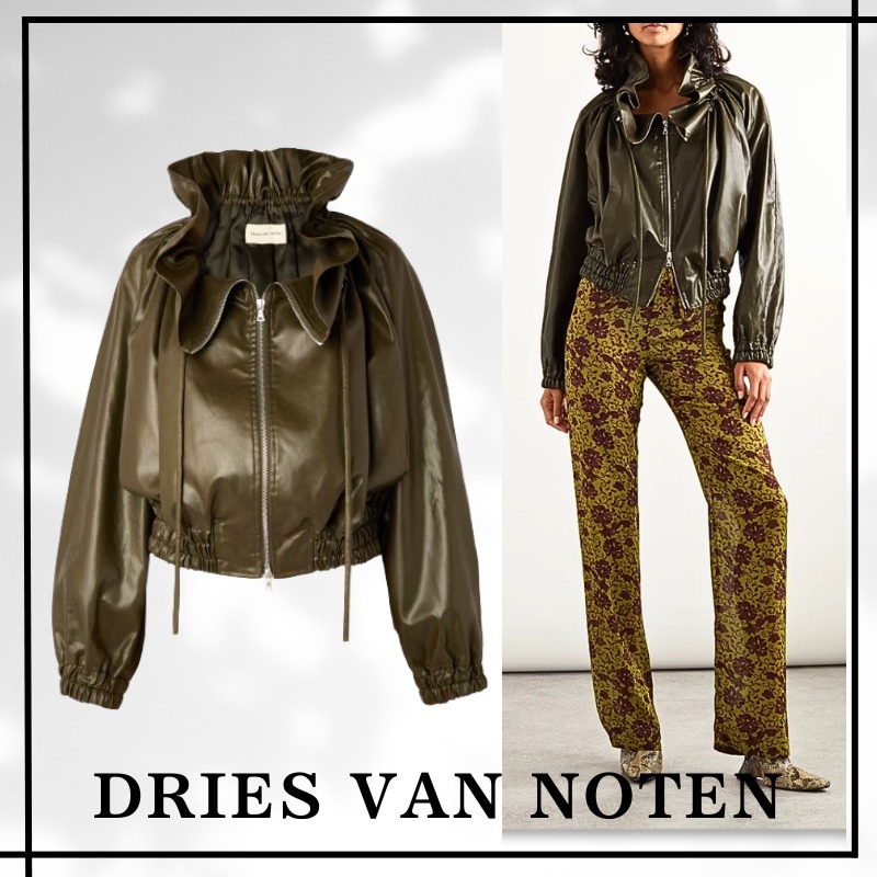 【Dries Van Noten】Cropped ruffled faux leather bomberjacket