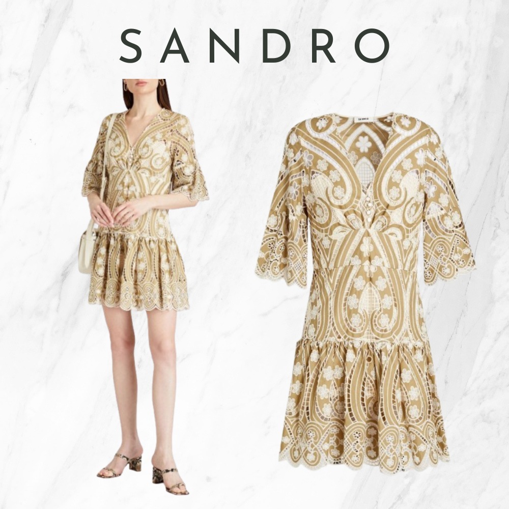【sandro】関税・送料込★グリーン ミニワンピース イギリス刺繍