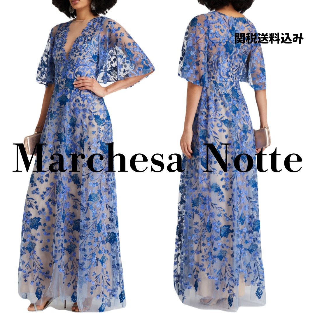 【Marchesa Notte】フローラル ロングドレス 刺繍チュール