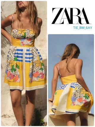 スペイン発送 ZARA フルーツプリントポプリンドレス カジュアル