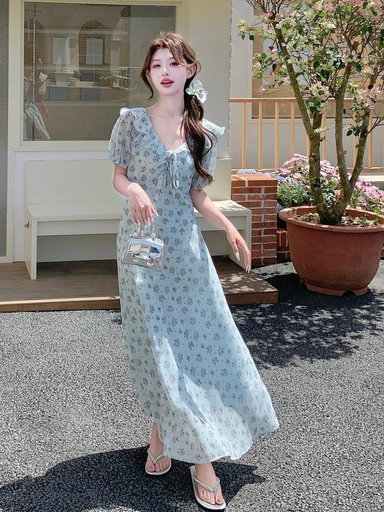 花柄フリル半袖ワンピースきれい夏エレガント