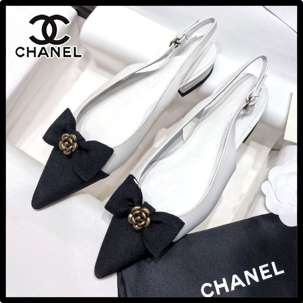 【カメリアｘリボン☆バイカラーが上品】★CHANEL★パンプス