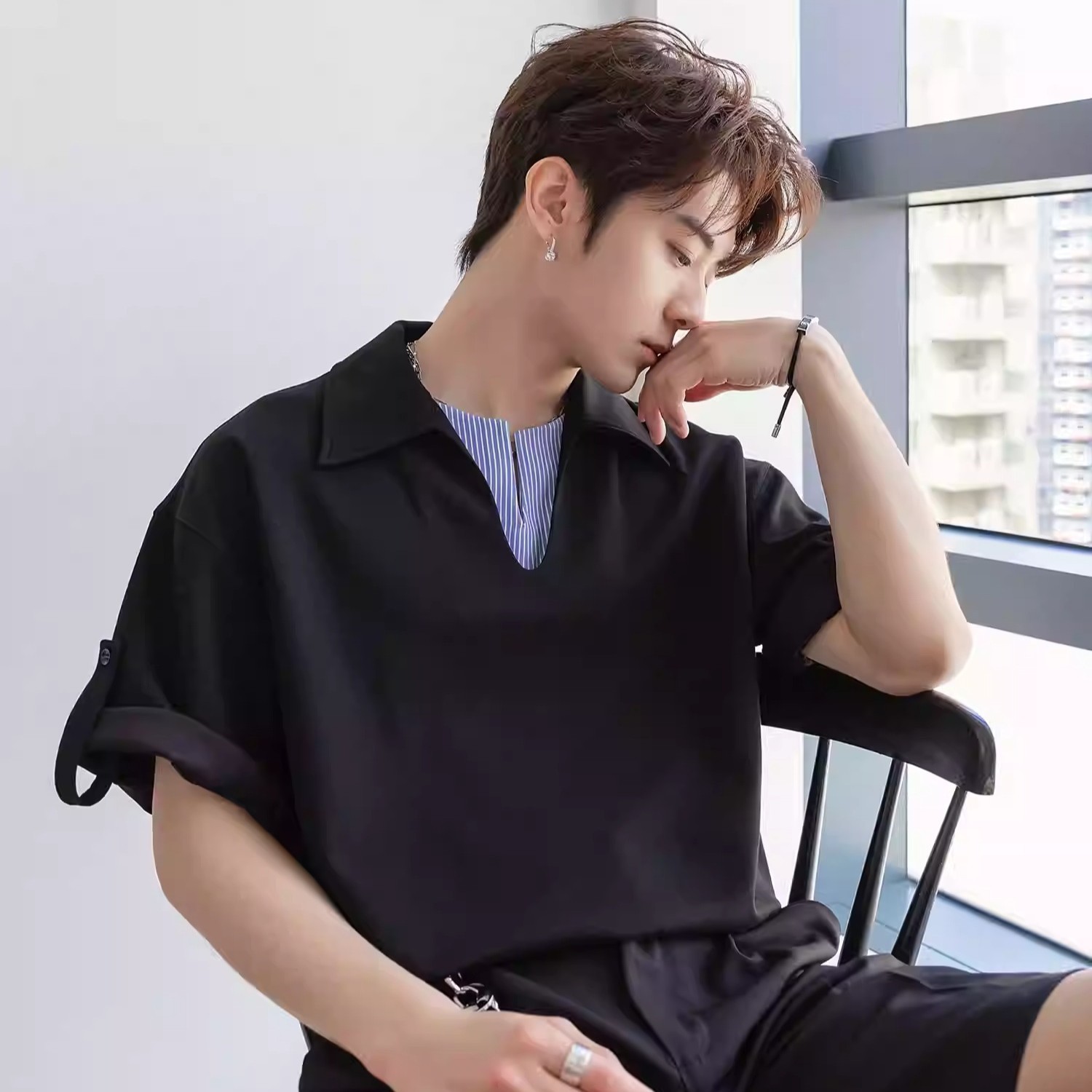 ポロシャツ フェイクツーピース striped V-neck short sleeve