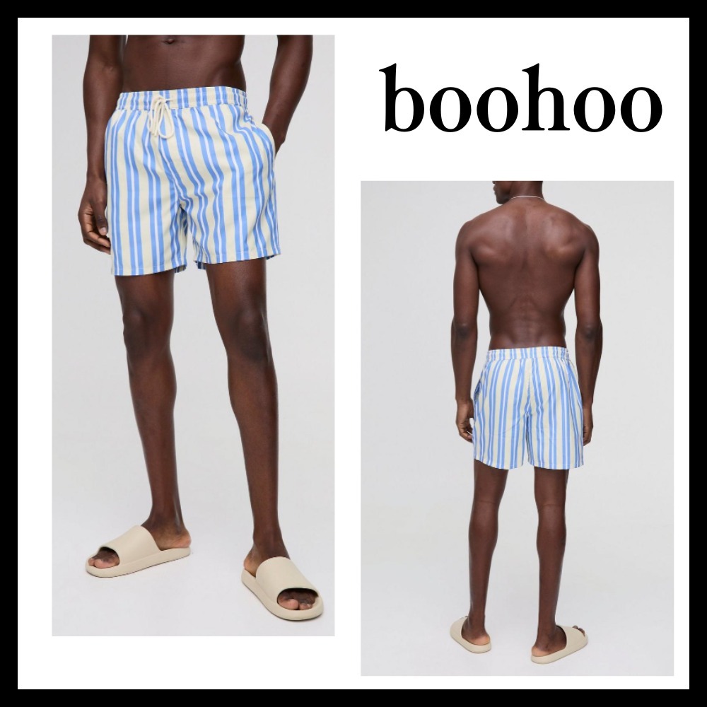 ◆ boohoo ◆ レギュラーミドル丈 ストライプ スイムショーツ