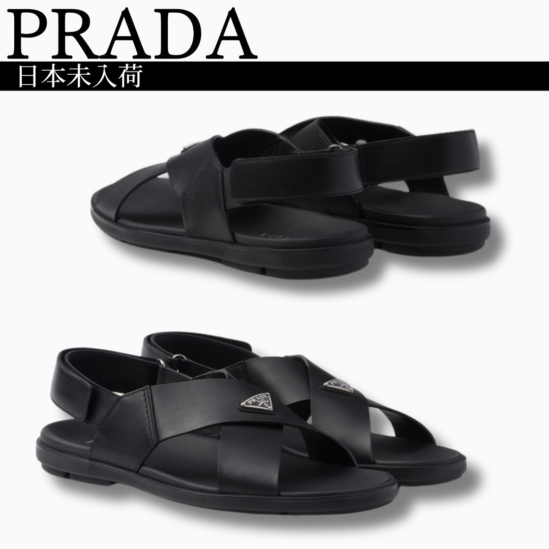 【日本未入荷】エナメル加工ロゴ レザークロスオーバーサンダル
