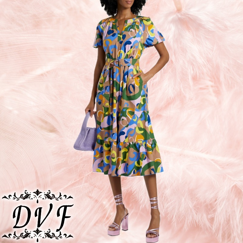 DVF★コットン混ポプリン ミディワンピース プリント入り