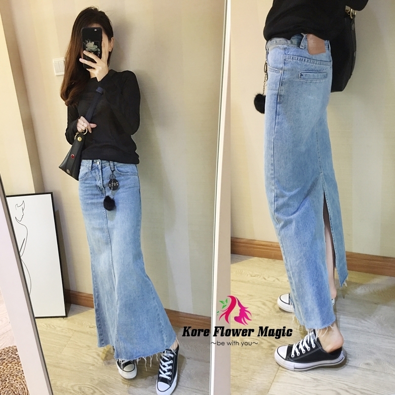 デニムスカート ロング丈 カジュアル 定番 カットオフ スリット