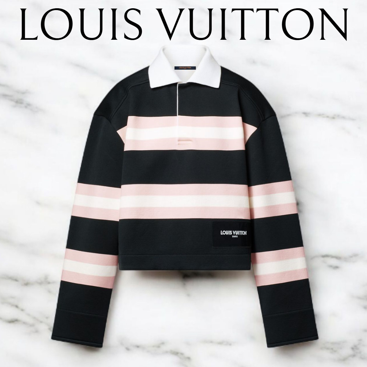 新作レディース*LV*ボーダー コットン長袖ポロシャツ ロゴ入