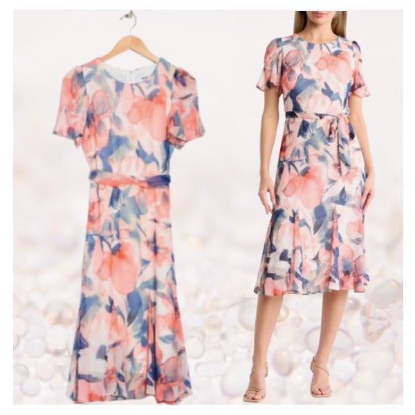 DKNY ★ 軽やか 花柄 半袖 ゴデットシフォン ミディ ワンピース