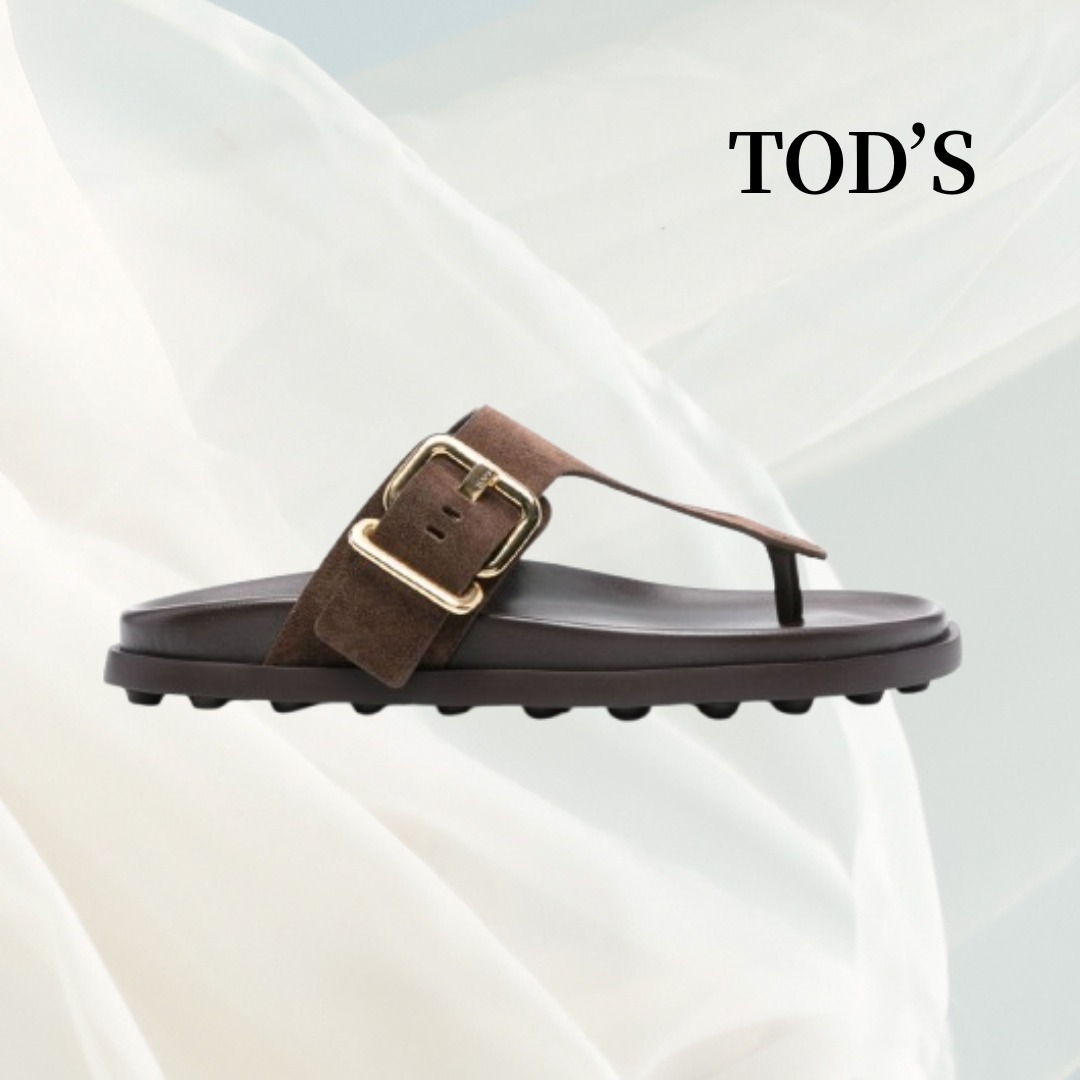 【TOD'S】ブラウン レザーバックル スライドサンダル