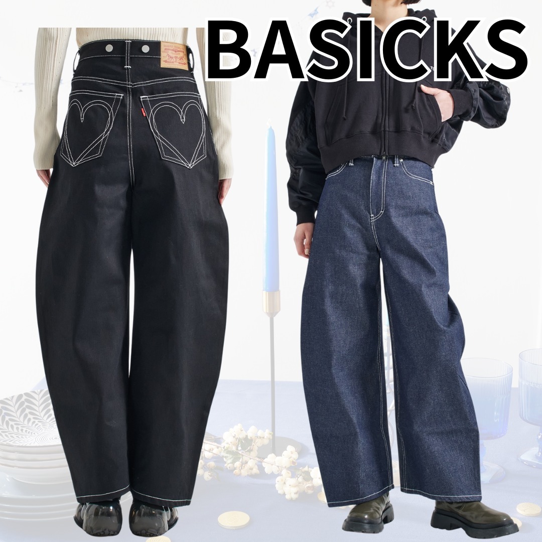 【BASICKS】Barrel Denim 2色 ハートモチーフのポケット