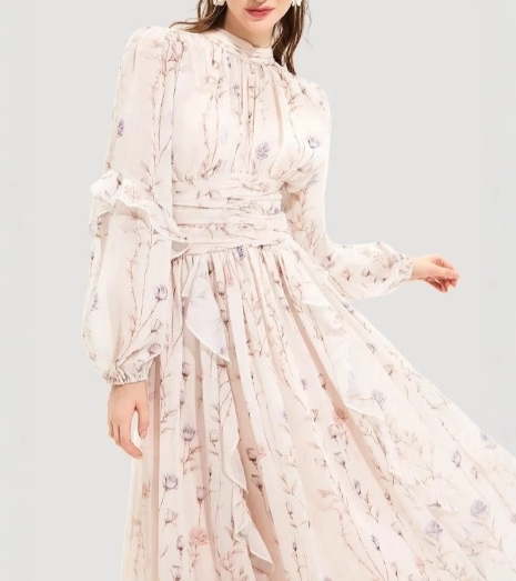 長袖 パフ袖 ハイネック 花 ワンピース ドレス 上品 韓国