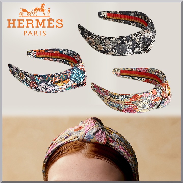 《夏も映える☆3色》HERMES 花柄 シルク カチューシャ 4.5cm幅