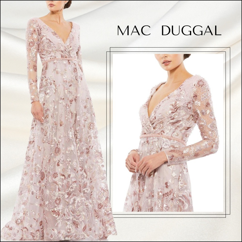 関税送料込【MAC DUGGAL】ロングドレス 装飾 花柄 フレア ピンク
