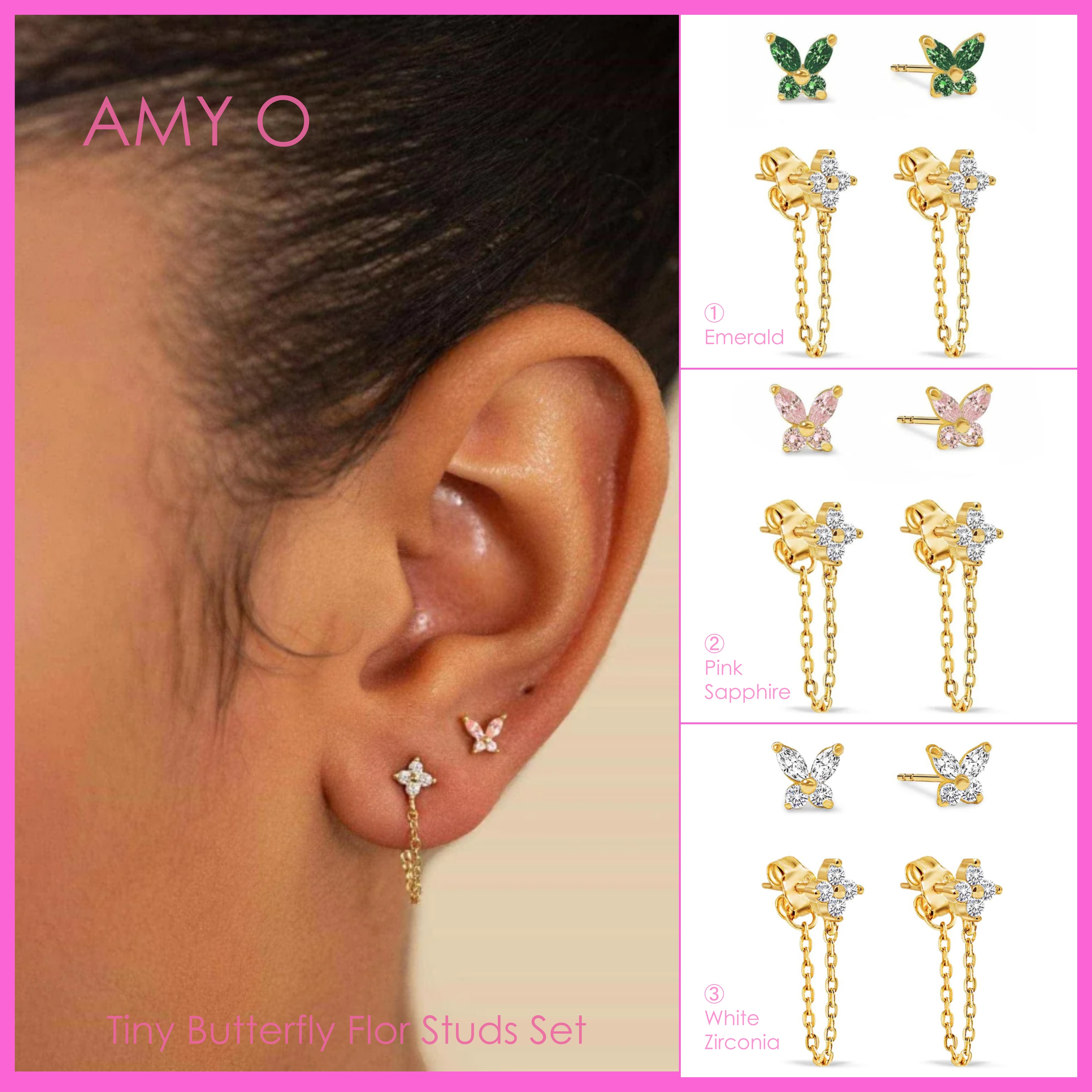 送料税込【AMY O】Tiny Butterfly Flor Studs Set(3色) 国内発送