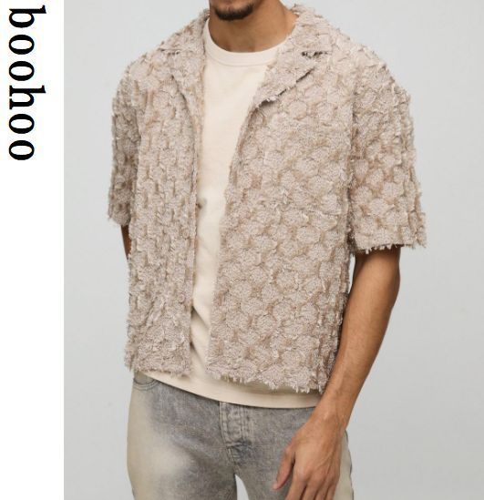 boohoo MAN★オーバーサイズ 半袖 クリンクル ボタン留め シャツ