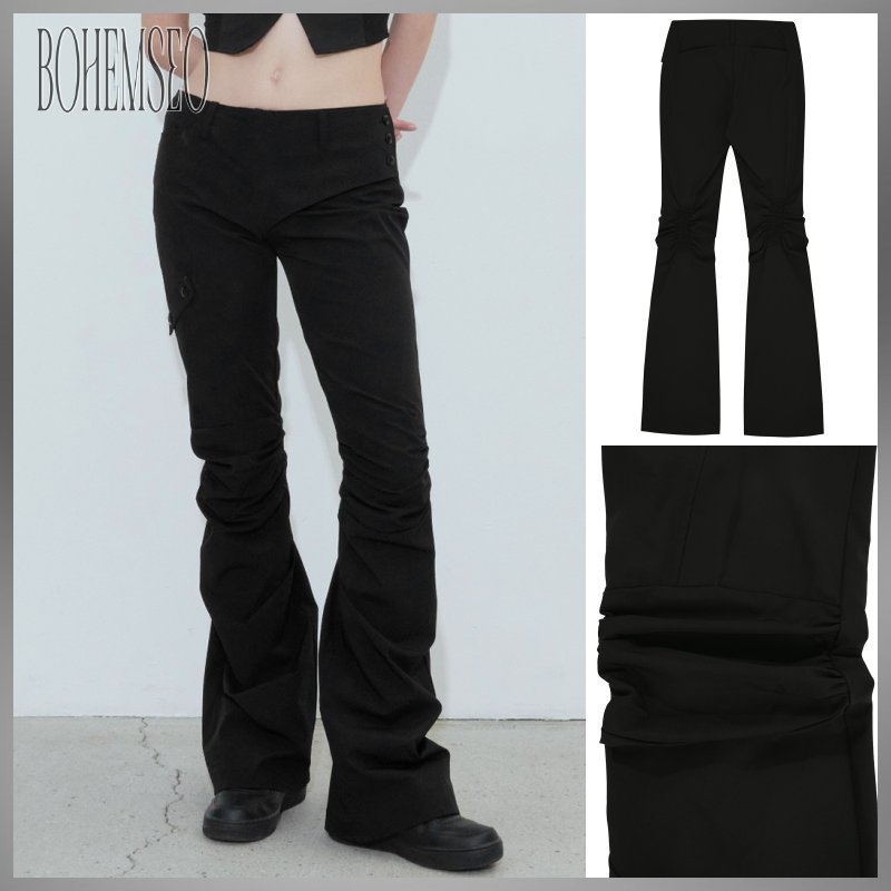 【BOHEMSEO】 KNEE SHIRRING BOOTCUT PANTS, BLACK