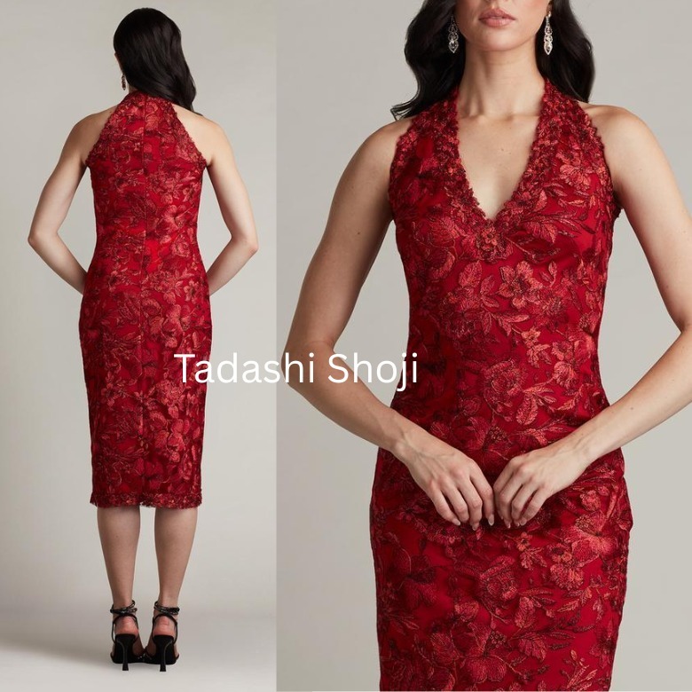 TADASHI SHOJI ホルター赤タイトドレス刺繍ミモレ丈ワンピース