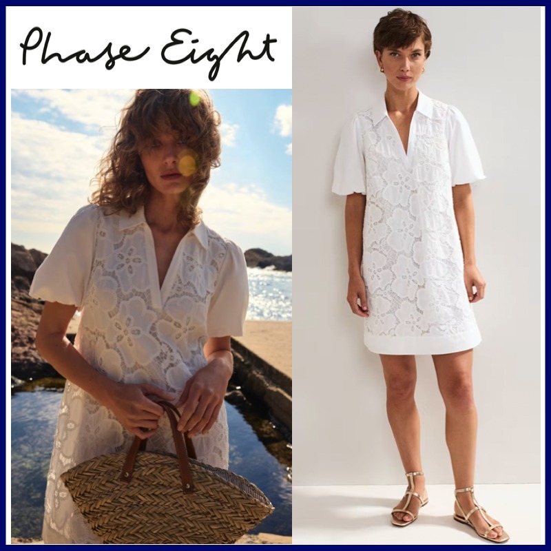 【PHASE EIGHT】爽やかカットワークワンピース◇パフスリーブ