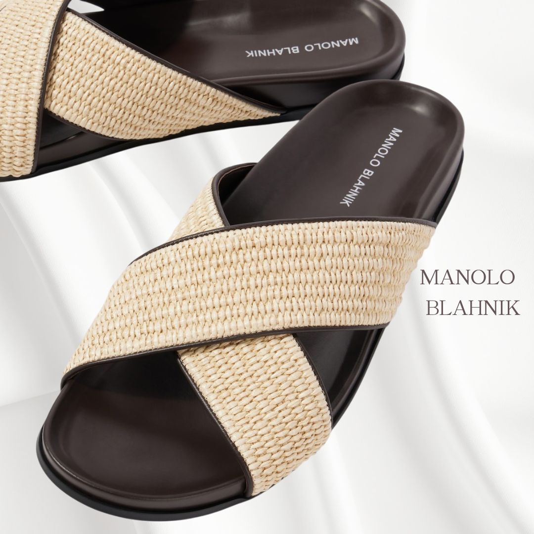 【Manolo Blahnik】チルターンレザートリムのラフィアスライド