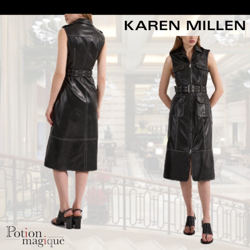 ★Karen Millen★プチレザーコントラストステッチベルトドレス