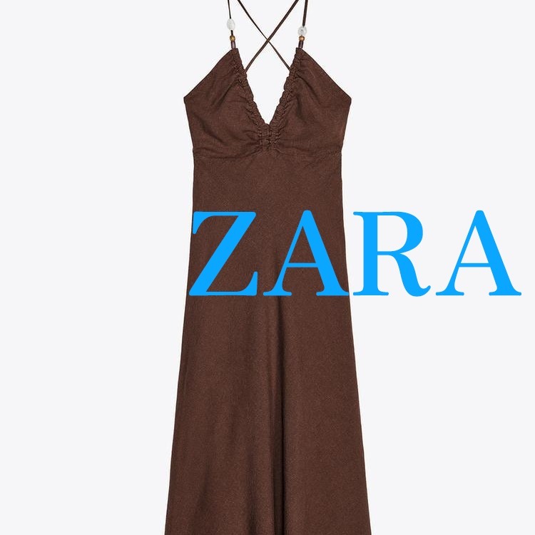 【ZARA】ビーズ付きリネンミディ丈ワンピース | 4387/056/700