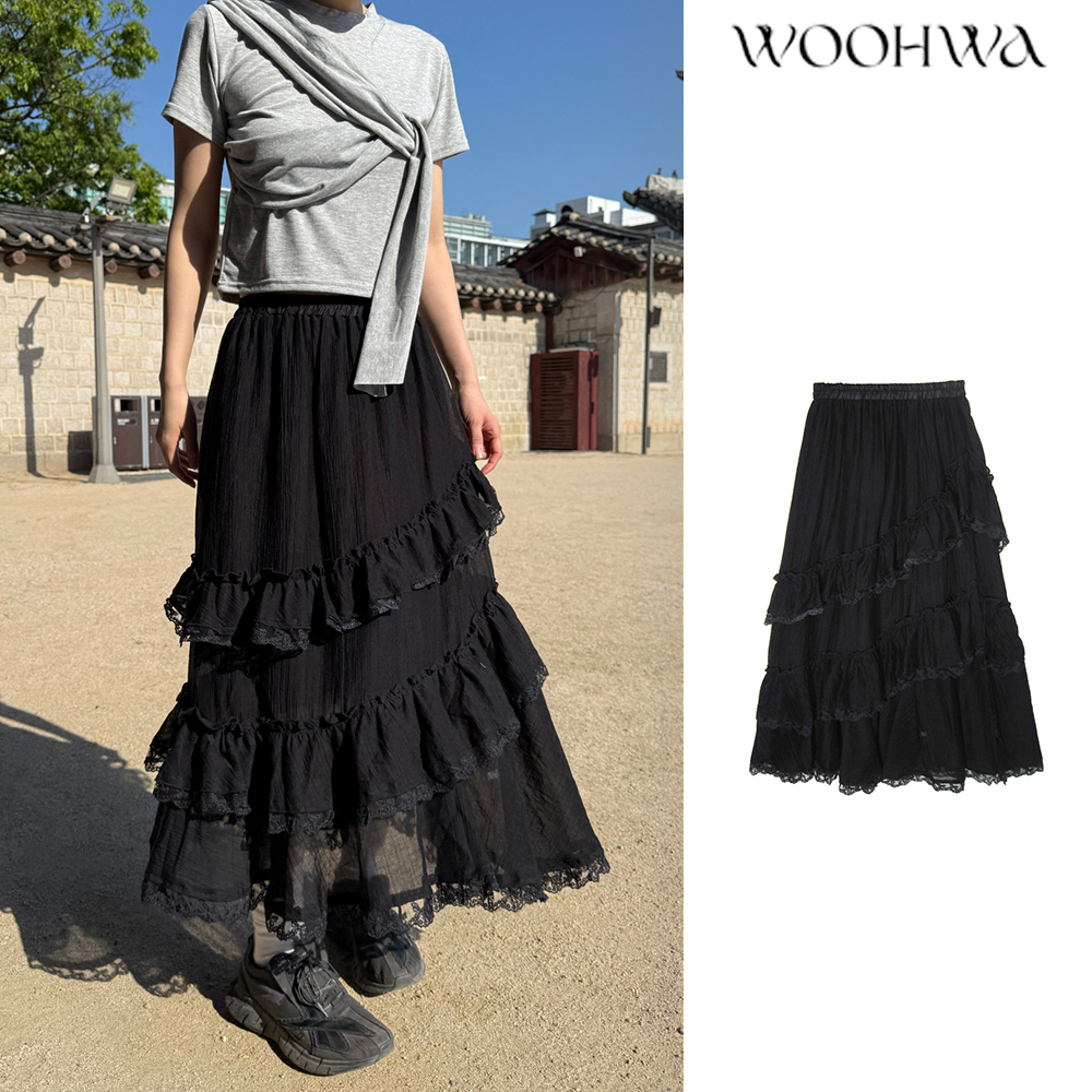 【WOOHWA】RIB FRILL LONG SK