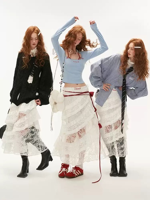 Y2K ロングスカート レース レイヤード シースルー スカート