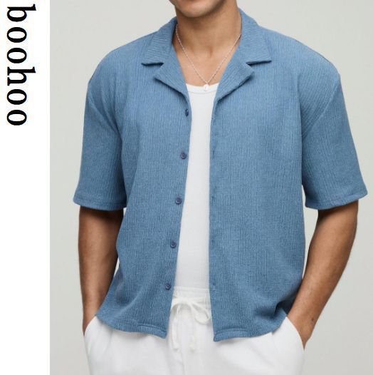 boohoo MAN★半袖 クリンクル生地 ボタン留め シャツ ワイシャツ