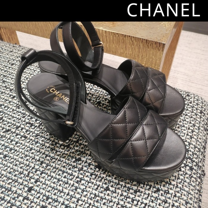 CHANEL シャネル プラットフォーム サンダル ラムスキン 黒