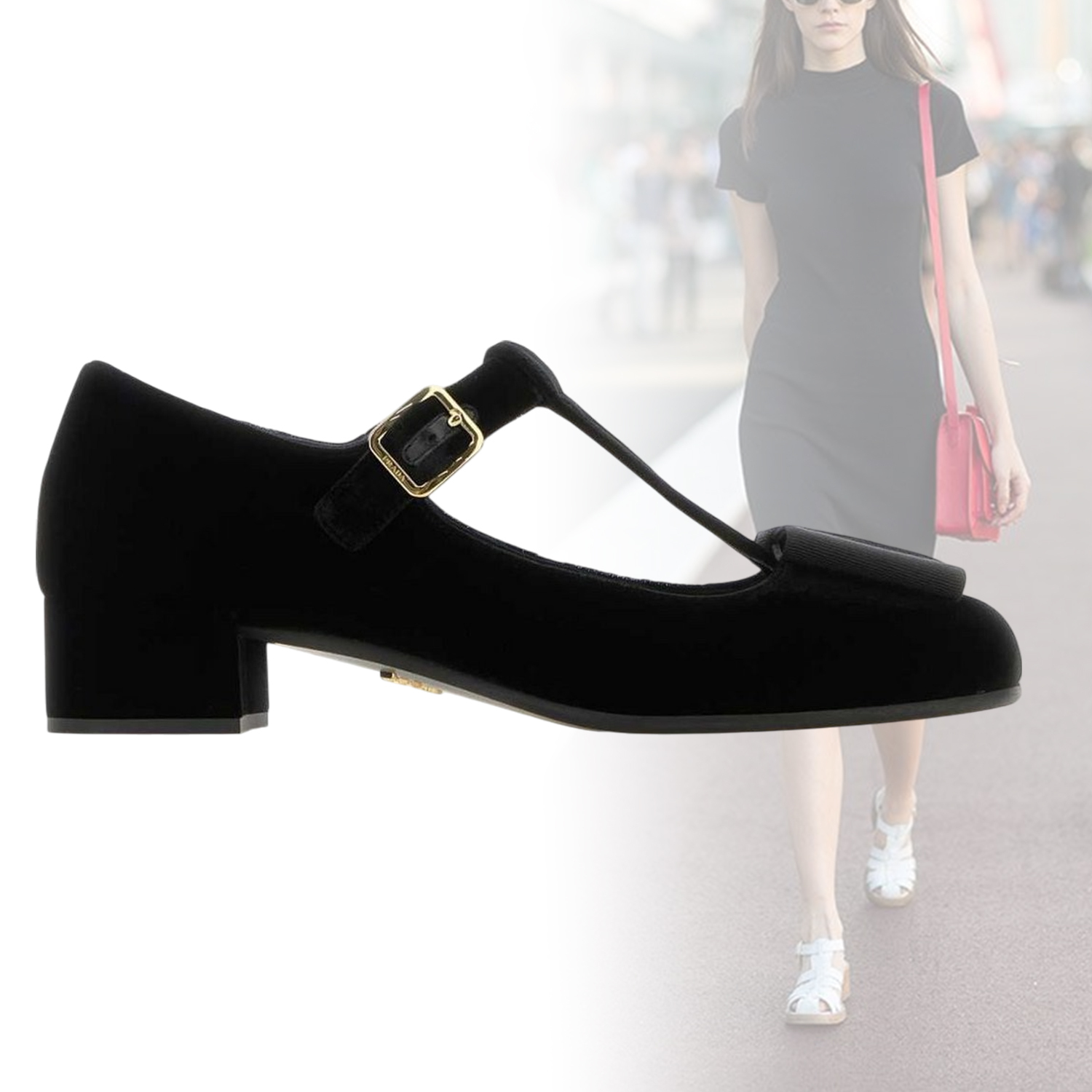 ◆PRADA◆ リボンディテール ブロックヒールパンプス