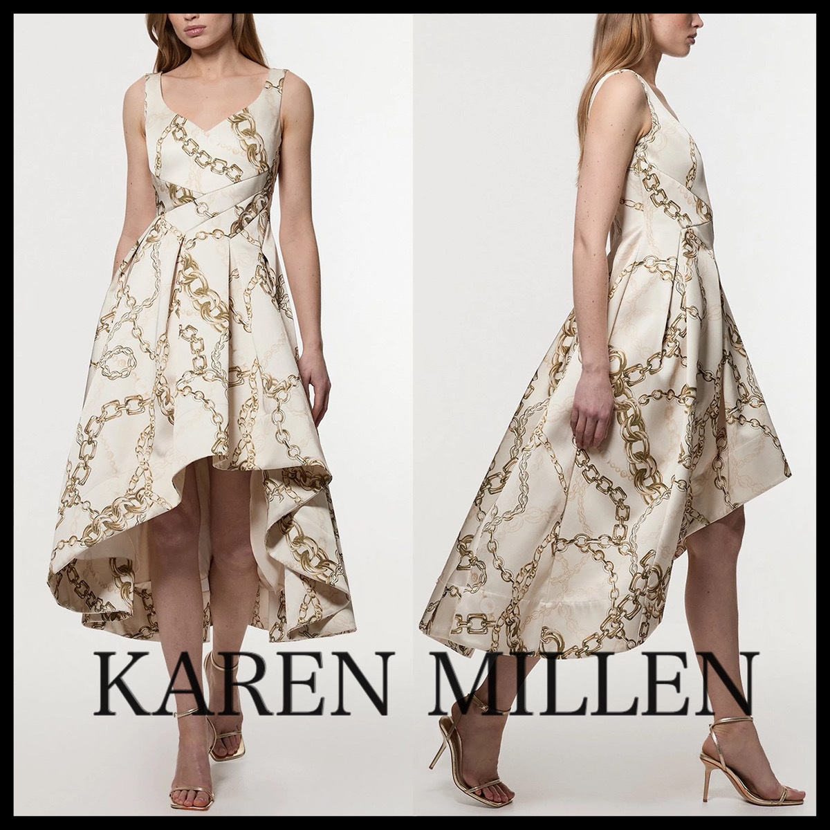 KAREN MILLEN* チェーンプリント サテン マキシドレス