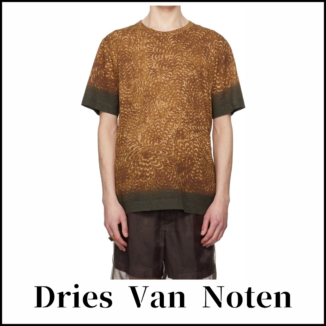関税込【Dries Van Noten】ブラウン プリント コットン Tシャツ