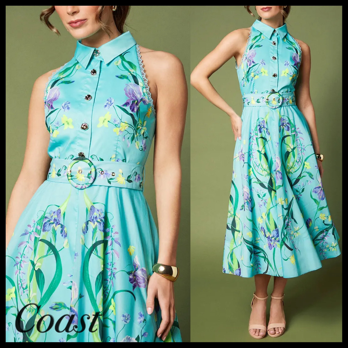 Coast* スリーブレス カラー ボタンダウン ミディドレス