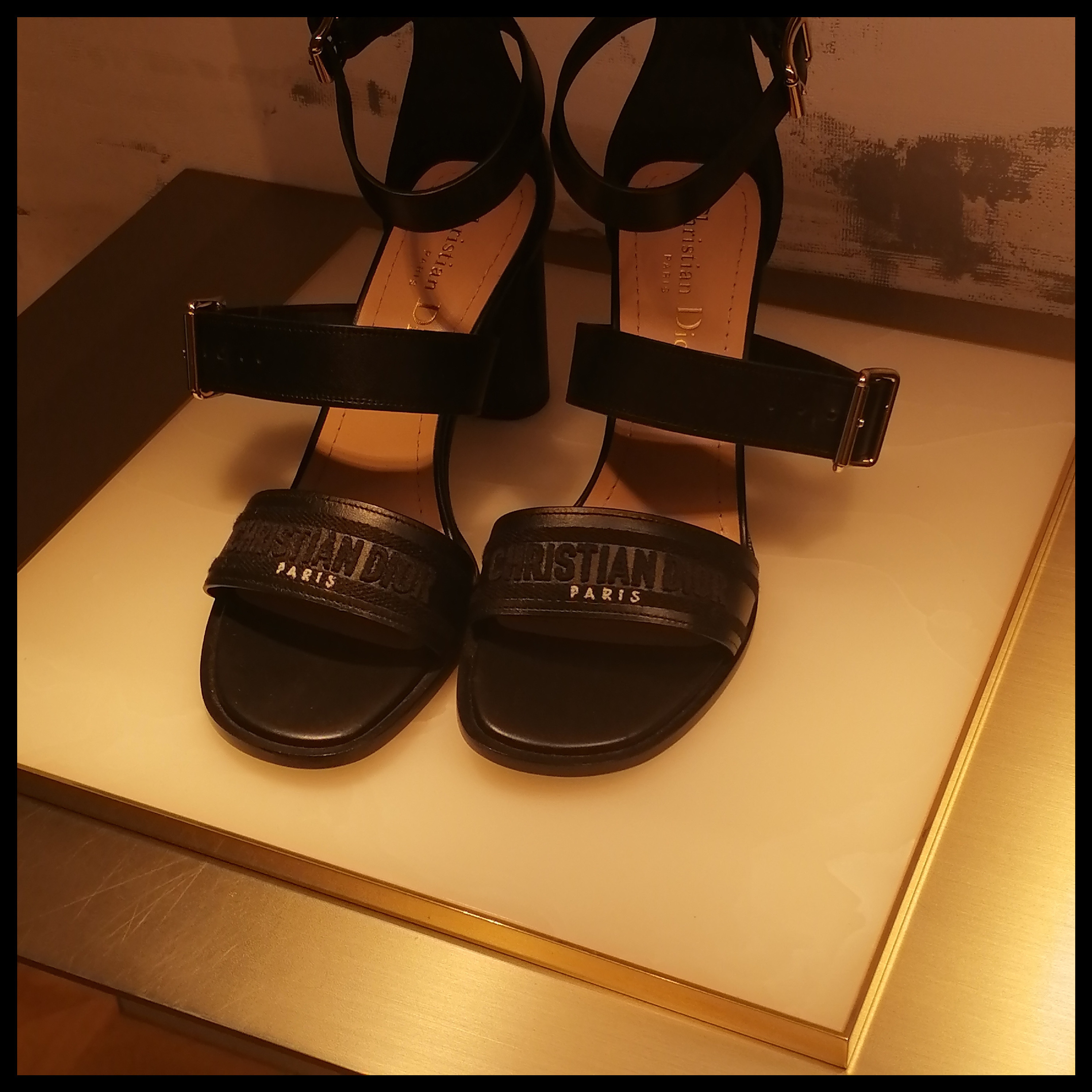 ◆Dior◆Dway Heeled Sandal Black Calfskin Embroidered Cotton