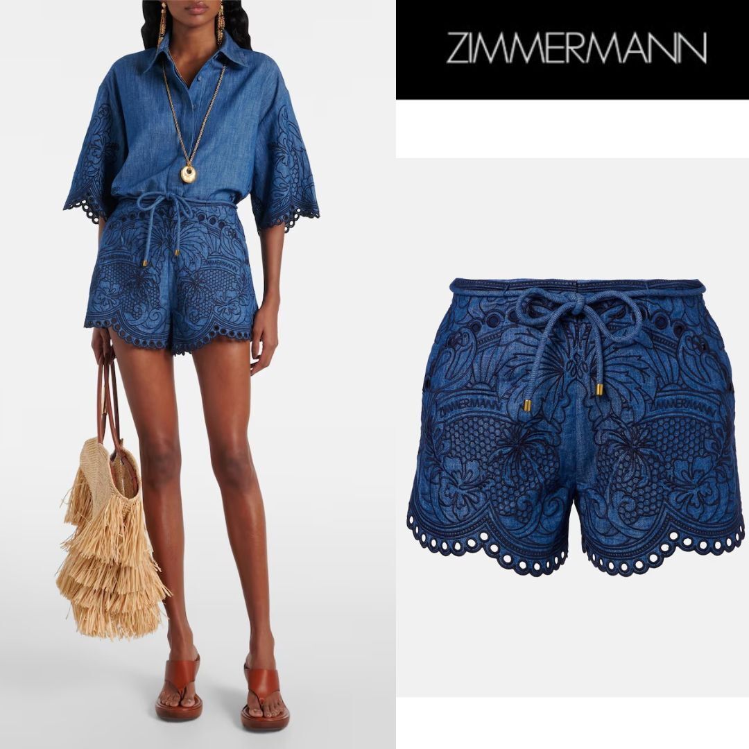 【Zimmermann】Coco embroidered scalloped denim shorts