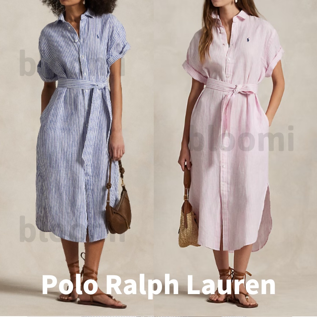 【POLO RALPH LAUREN】ストライプ 半袖リネン シャツドレス