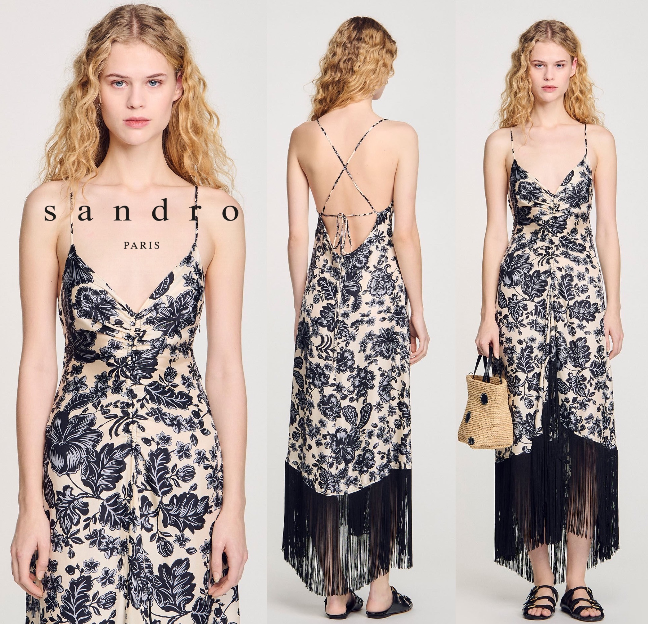 ★パリ発 sandro★ シルク ハワイ 花柄 キャミ ドレスワンピース