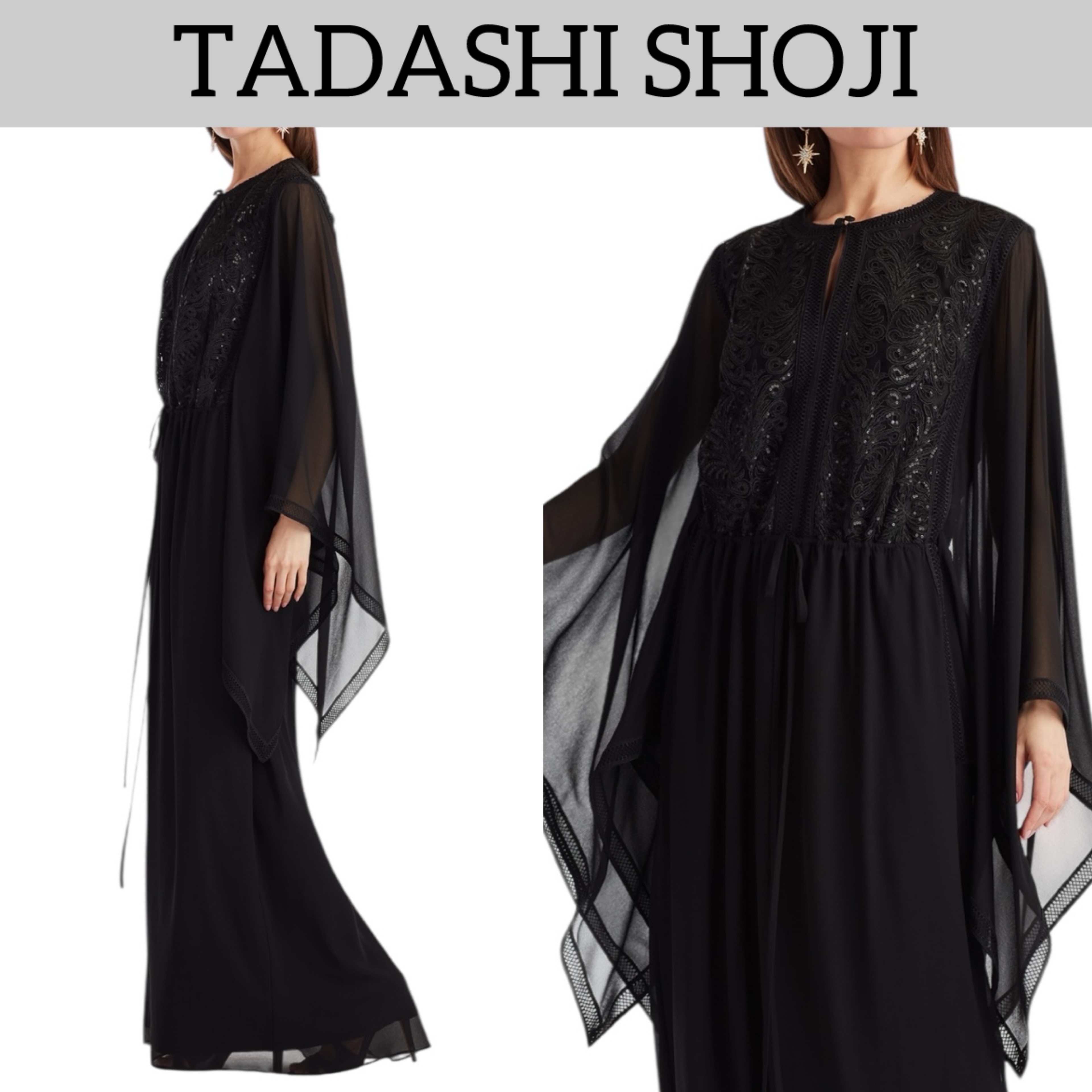 【TADASHI SHOJI】Roena 黒カフタン☆スパンコールドレス