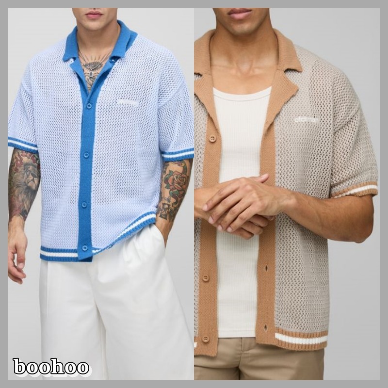 【boohoo】Relaxed Fit Striped Hem Open Stitch Knitted Shirt