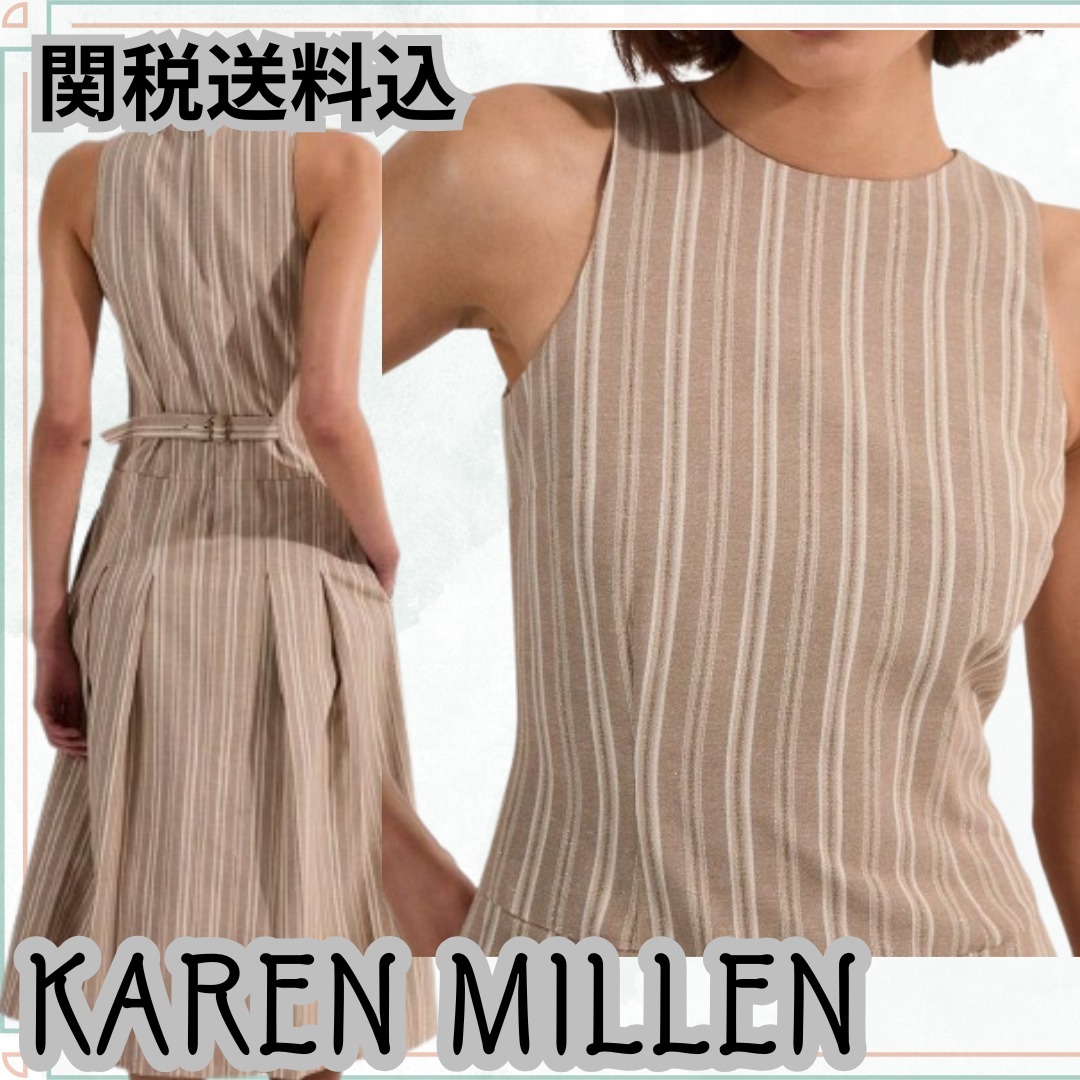 関送込【KAREN MILLEN】ストライプノースリーブミディドレス ベ