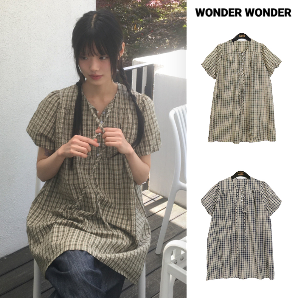 【WONDER WONDER】Kio check button strap S/S one-piece dress